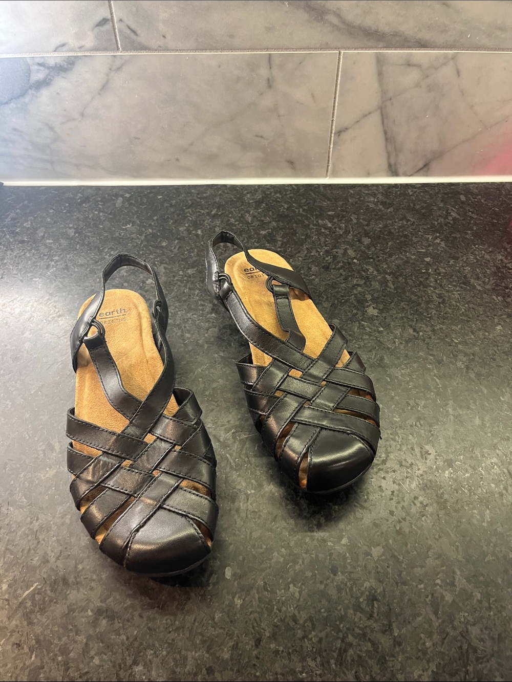 Earth Origins Black Leather Sandals with Woven Design